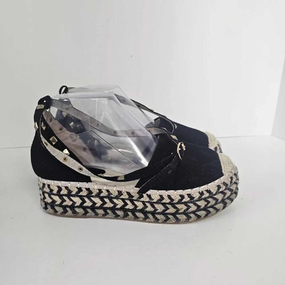 PrettyLittleThing Espadrilles Black Ankle Wrap Canvas Boho 38